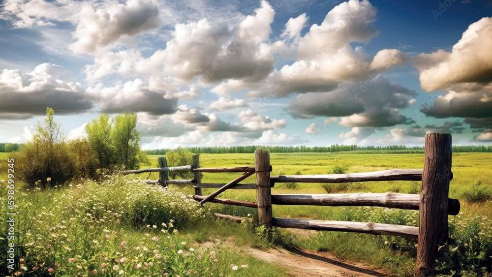 countryside scene with a rustic wooden fence, sprawling green fields, summer, Generative AI