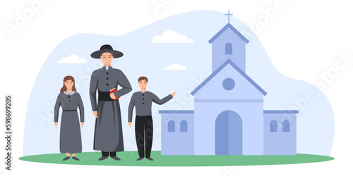 Priest with children vector illustration. Catholic church open for Sunday school or holiday on white background. Culture of faith, religion, community concept Generative AI photo