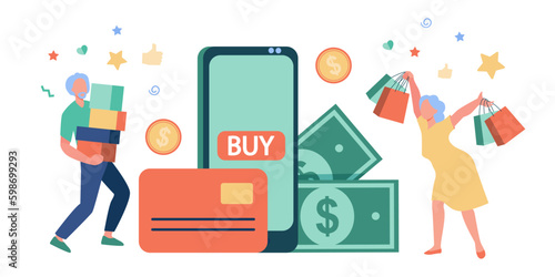 Senior people shopping online vector illustration. Happy elderly couple using different payment methods and smartphone. Mobile shopping, senior life, payment options, e-commerce concept Generative AI