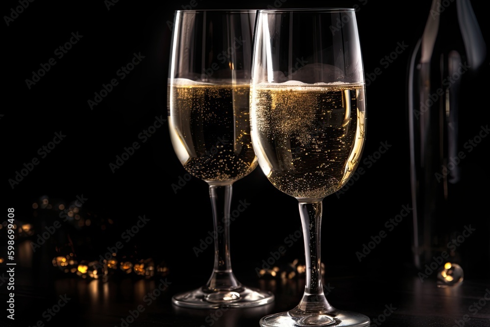 Champagne Toast on New Year's Eve - Luxury Flutes Glass of White Wine and Golden Lights. Generative AI Champagne Toast on New Year's Eve - Luxury Flutes Glass of White Wine and Golden Lights. Generative AI