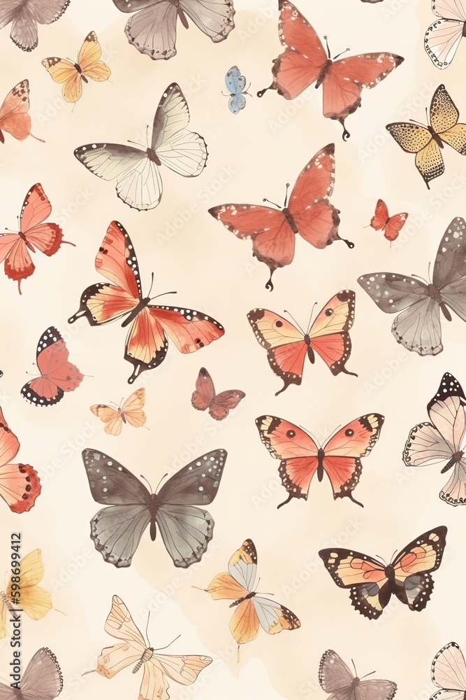 Swarm of colorful butterflies on beige background for wallpaper postcards greeting cards, watercolor illustration, paper