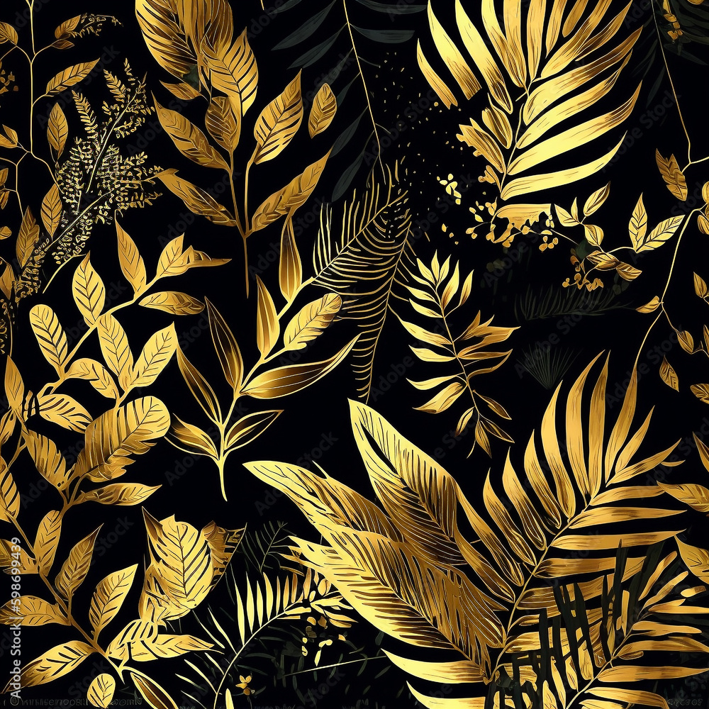 Black and Gold Jungle Leaf Illustration/Background - Generative AI Black and Gold Jungle Leaf Illustration/Background - Generative AI