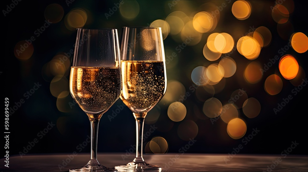 Cheers to a New Year: Celebrate with Two Glases of Gold Champagne on a Black & Gold Blurry Lights Background, Generative AI Cheers to a New Year: Celebrate with Two Glases of Gold Champagne on a Black & Gold Blurry Lights Background, Generative AI