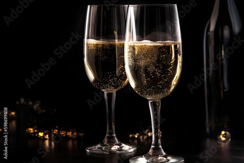 Champagne Toast on New Year's Eve - Luxury Flutes Glass of White Wine and Golden Lights. Generative AI