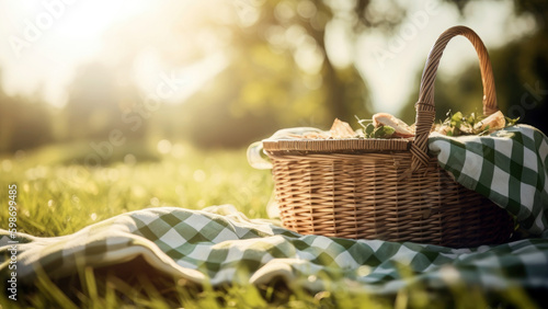 charming picnic setup in a sun drenched meadow, with a checkered blanket spread out on the grass and a basket full of delicious treats , summer, Generative AI photo