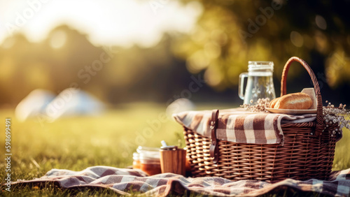 charming picnic setup in a sun drenched meadow, with a checkered blanket spread out on the grass and a basket full of delicious treats , summer, Generative AI