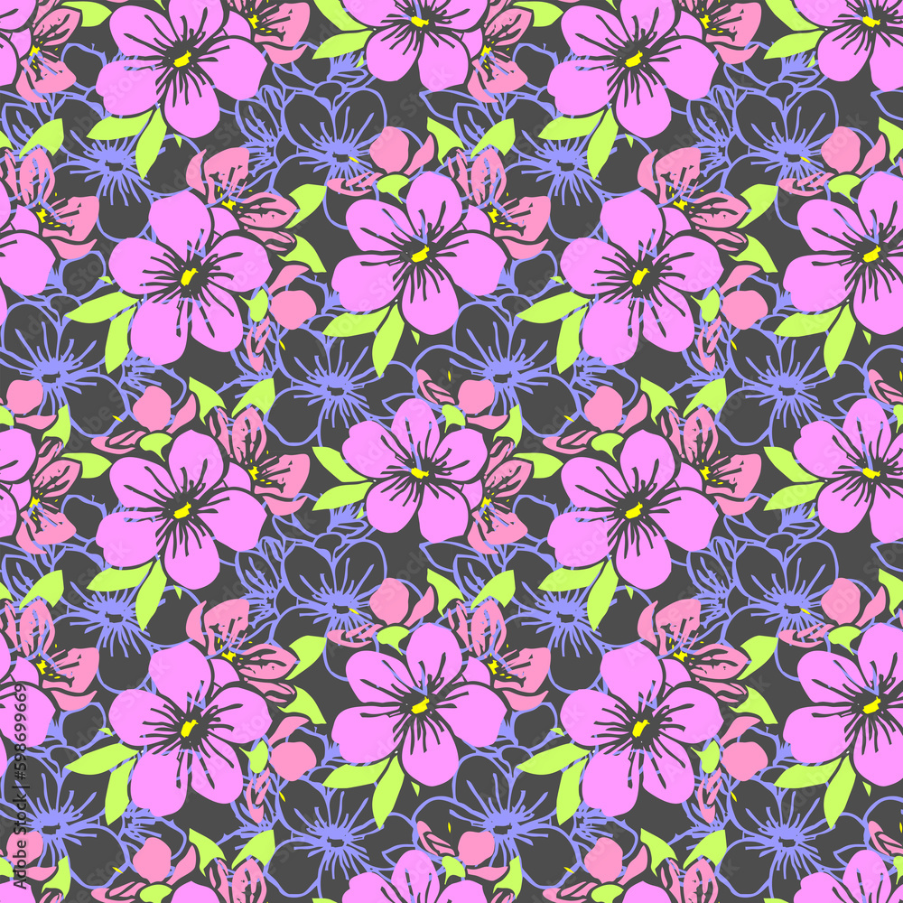 seamless pattern of pink silhouettes and blue contours of flowers on a gray background, texture, design seamless pattern of pink silhouettes and blue contours of flowers on a gray background, texture, design