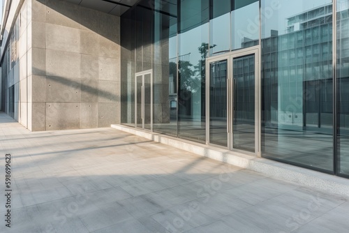 Contemporary Exterior of a Modern Office Building: A Peculiar Image of Concrete Structure, Floor, and Glass Wall Under Bright Sky. Generative AI
