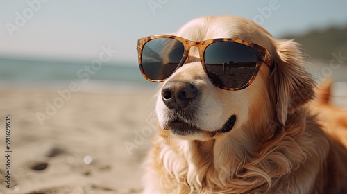 Cool Dog Tanning in Sunglasses at the Beach - Perfect Summer Vacation Image: Generative AI