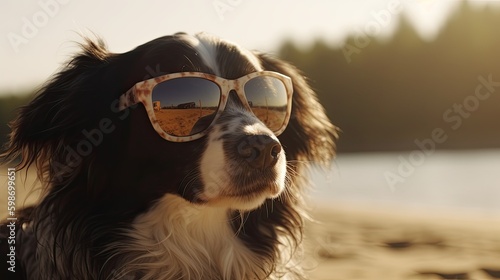 Cool Dog Enjoying Summer Sun Tanning On Beach - Relax and Travel During Summertime Vacation, Generative AI © Serhii