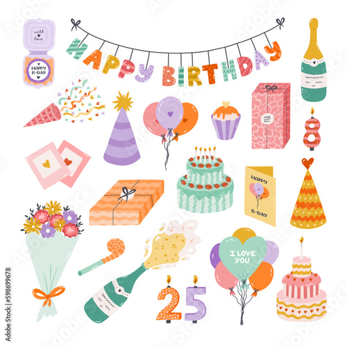 Cute hand drawn birthday set. Trendy holiday elements, party decoration, cupcakes, candles, gifts, balloons, party hat. Happy Birthday clipart collection for kid. Symbol of celebration, anniversary.