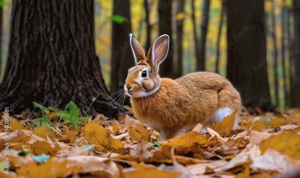 a rabbit is standing in the leaves in a forest with trees. generative ai a rabbit is standing in the leaves in a forest with trees. generative ai