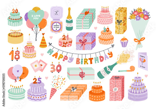 Cute hand drawn birthday set. Trendy holiday elements, party decoration, cupcakes, candles, gifts, balloons, party hat. Happy Birthday clipart collection for kid. Symbol of celebration, anniversary.