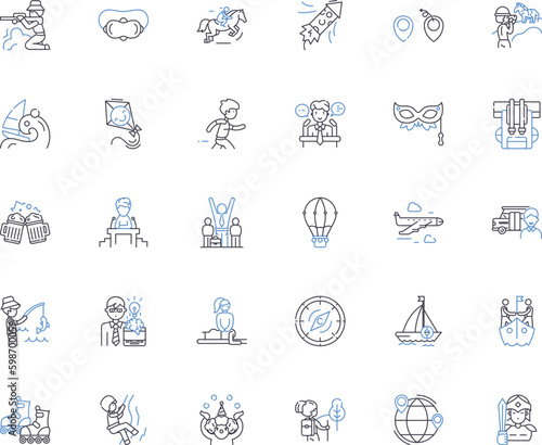 Road trip line icons collection. Adventure  Scenic  Freedom  Wanderlust  Detour  Exploration  Journey vector and linear illustration. Route Excitement Openness outline signs set Generative AI