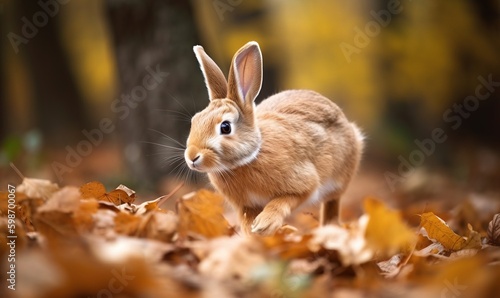  a rabbit is running through the leaves in the forest,. generative ai