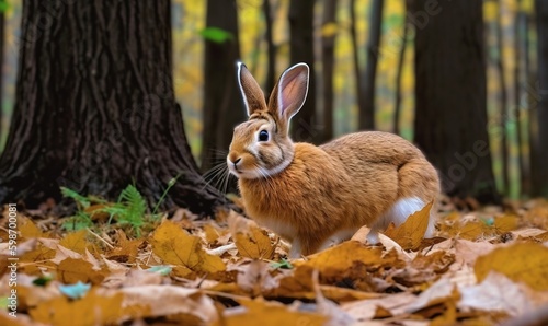  a rabbit is standing in the leaves in a forest with trees.  generative ai © Olga