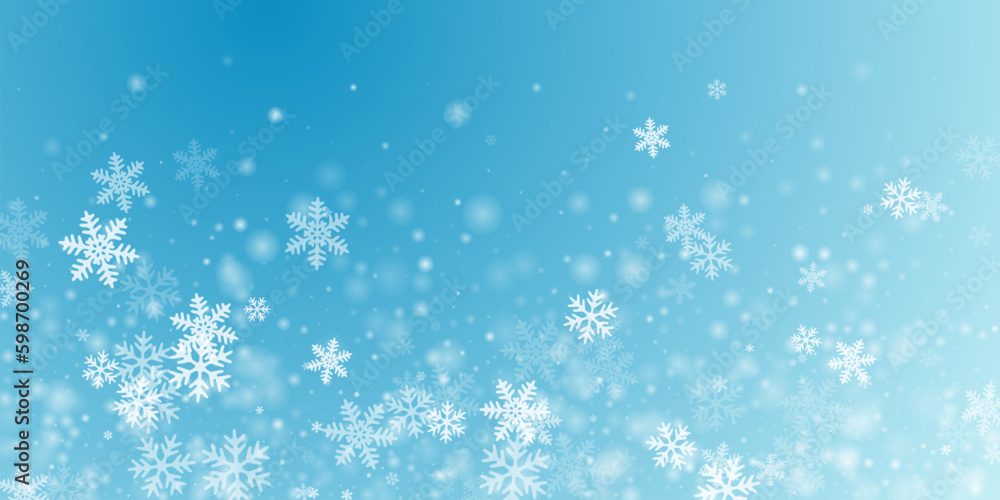 Magical flying snowflakes illustration. Wintertime fleck freeze elements. Snowfall sky white teal blue wallpaper.