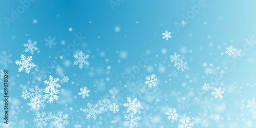 Magical flying snowflakes illustration. Wintertime fleck freeze elements. Snowfall sky white teal blue wallpaper.