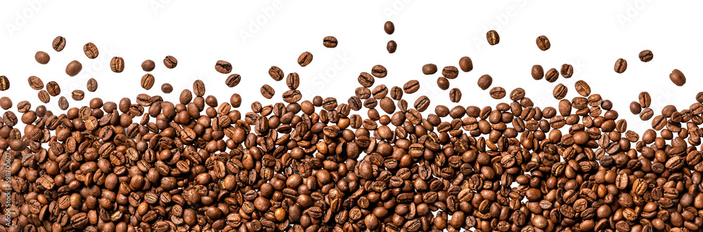 Coffee beans on transparent background. Top view of coffee beans. Copy space for text - obrazy, fototapety, plakaty 