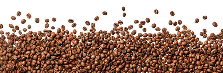 Coffee beans on transparent background. Top view of coffee beans. Copy space for text