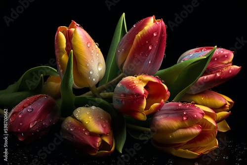 a bundle of fresh, multicolored tulips. generative AI