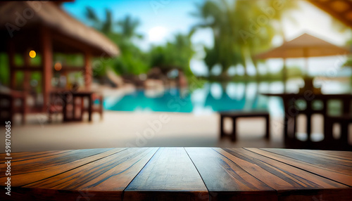 Empty wooden table in front of blurred pool resort. Wooden table background in resort. Ai generated image © Trendy Image Two