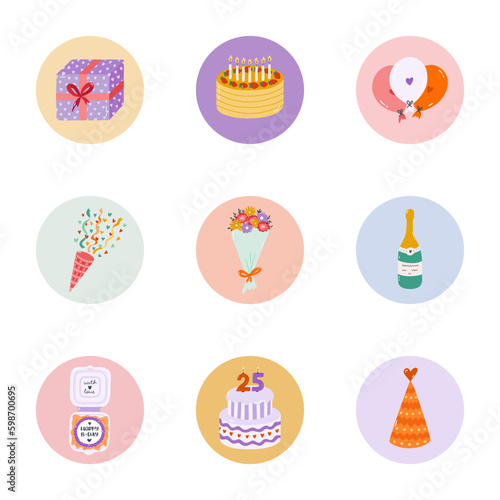 Cute and trendy highlights for different social media, bloggers and companies about birthday party, holiday, celebration, anniversary with flat illustrations. Vector hand drawn clipart.