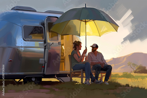 Generative AI illustration of two people sitting on the side of an aluminum trailer under an umbrella, © Eduardo Lopez