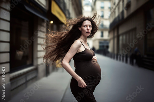 Generative AI illustration of Attractive young pregnant woman walking through the streets of Paris