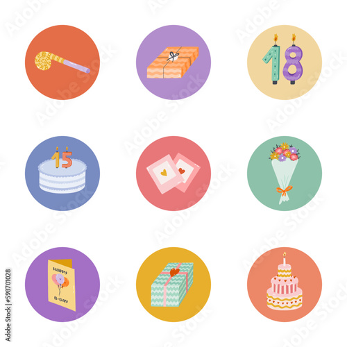 Cute and trendy highlights for different social media, bloggers and companies about birthday party, holiday, celebration, anniversary with flat illustrations. Vector hand drawn clipart.