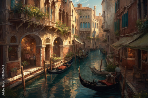 A bustling Venetian canal scene with gondolas. generative AI © busra