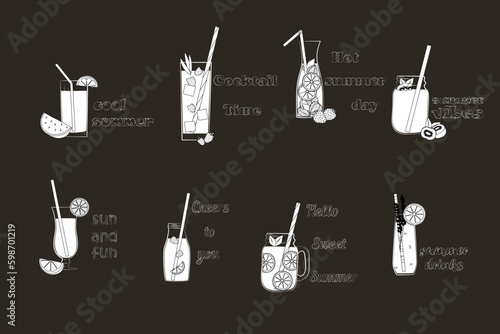 A set of summer fruit cocktails in a glass with a straw in black and white colors