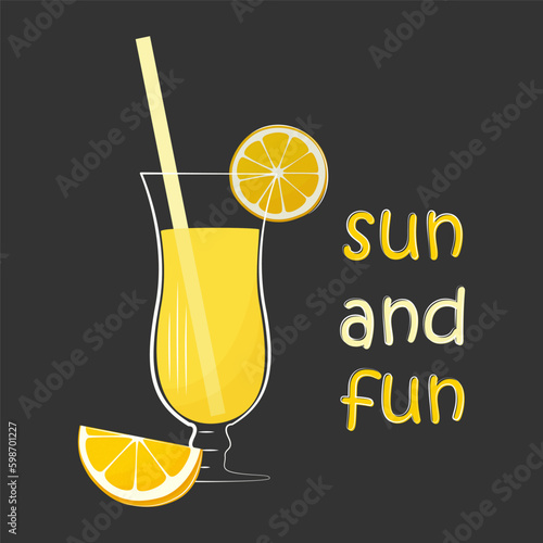 Vector illustration. Summer cooling cocktail, drink with orange
