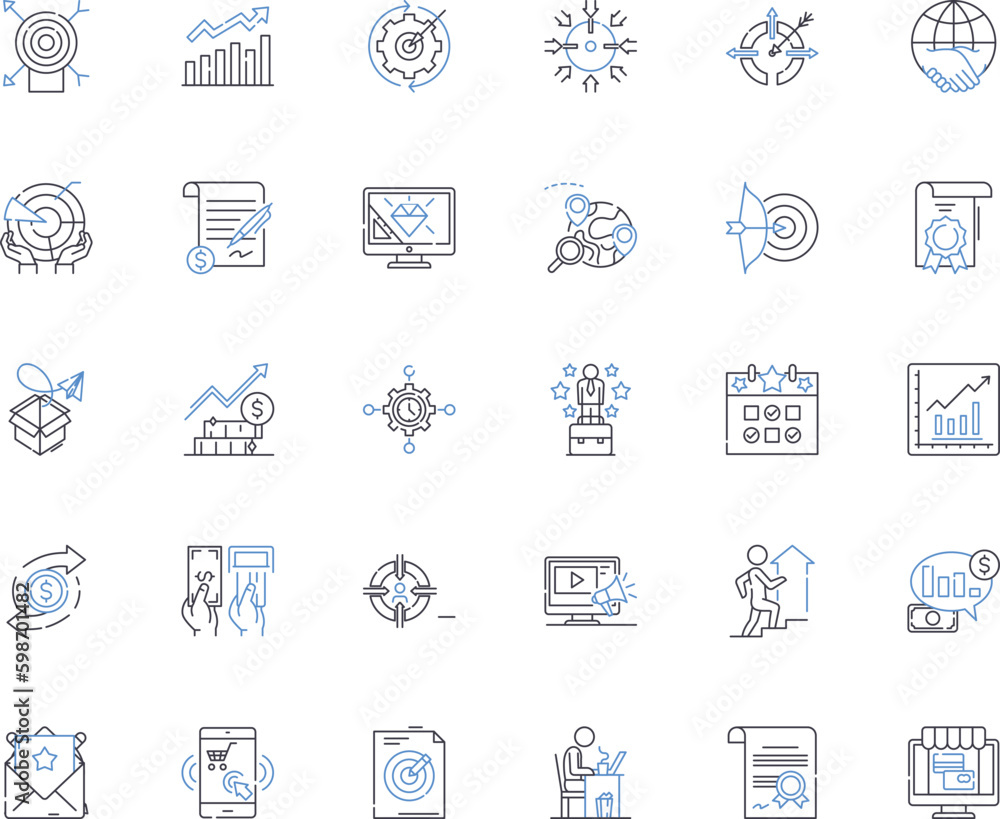 Organization triumph line icons collection. Coherence, Momentum, Progress, Efficiency, Leadership, Dedication, Persistence vector and linear illustration. Generative AI