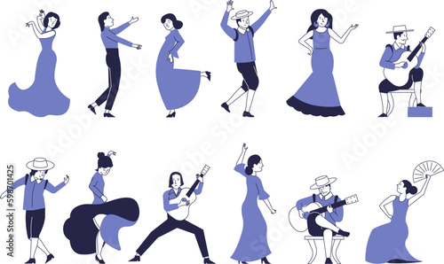Flamenco dancers and musicians. Set of vector characters of artists.