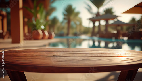 Empty wooden table in front of blurred pool resort. Wooden table background in resort. Ai generated image