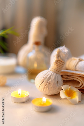 Natural organic spa products in massage parlor. Atmosphere of relax, detention, zen. Aromatherapy. Body care, healthy lifestyle.