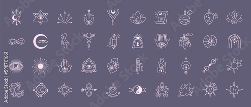 Mysticism esoteric outline icons vector bundle, mystical line monochrome clip art, Celestial floral moon, Flower and mushrooms hand drawn symbols pack, isolated illustrations in black Generative AI