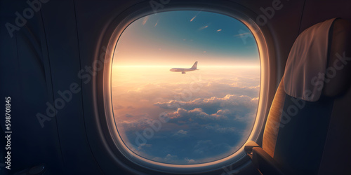 The window on the plane during the flight. Outside the window is an airplane on a golden dawn background. AI generated