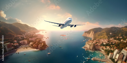Commercial airplane flying above scienic landscape in beautiful sunset light. Traveling concept design banner. AI generated