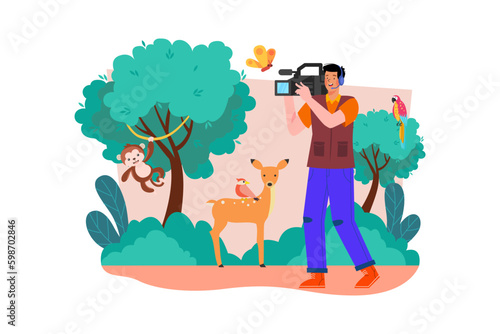 A wildlife videographer captures footage of animals in their natural habitat.