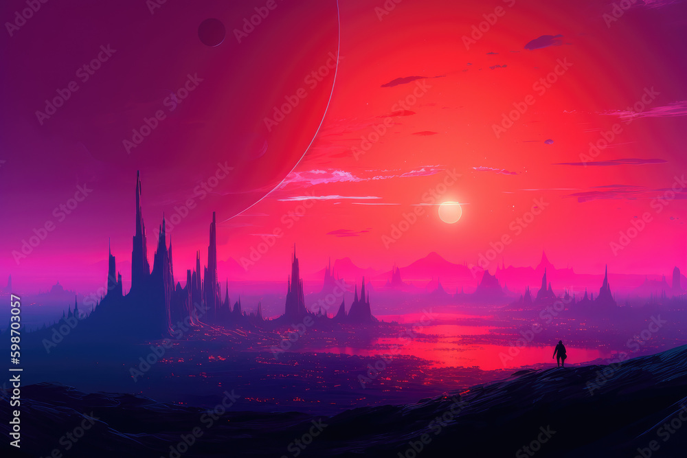 bright orange and purple alien planet landscape. Generative AI image. bright orange and purple alien planet landscape. Generative AI image.