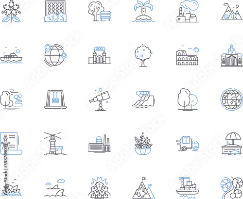 Mountain outlook line icons collection. Majestic, Serenity, Tranquility, Panorama, Breathtaking, Scenic, Verdant vector and linear illustration. Alluring,Spellbinding,Peaceful outline Generative AI