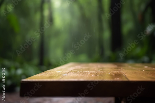Foto Empty wooden table in the rainy tropical forest with blurred background