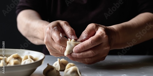 Hands shape a doughy mixture into perfect dumplings, following a precise folding technique, concept of Traditional cuisine mastery, created with Generative AI technology Generative AI