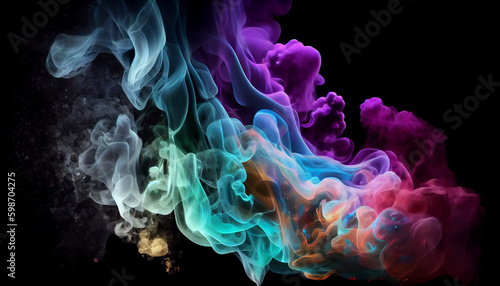 Glitter liquid Blue green red white purple smoke in dark black background. Abstract smoke background. Ai generated image
