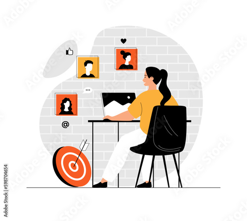 Digital Marketing. New customers attraction, business promotion. Marketer planning and makes ads campaign. Illustration with people scene in flat design for website and mobile development.