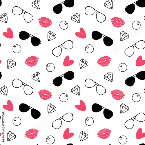 Glasses diamond heart lips and bubble gum seamless pattern. Modern design on white background.  Vector illustration.