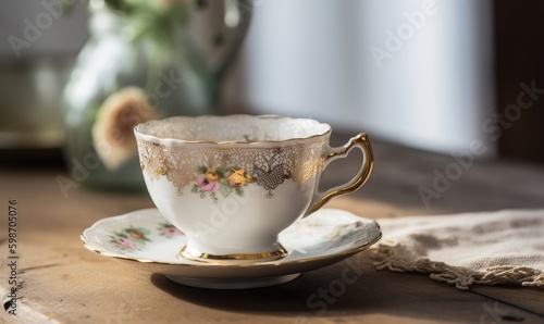  a tea cup and saucer sitting on a wooden table. generative ai