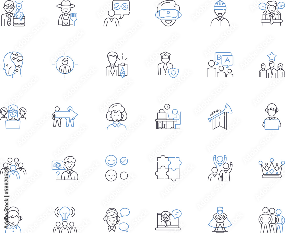 Managing directors line icons collection. Leadership, Strategy, Vision, Communication, Decision-making, Accountability, Innovation vector and linear illustration. Generative AI Managing directors line icons collection. Leadership, Strategy, Vision, Communication, Decision-making, Accountability, Innovation vector and linear illustration. Generative AI